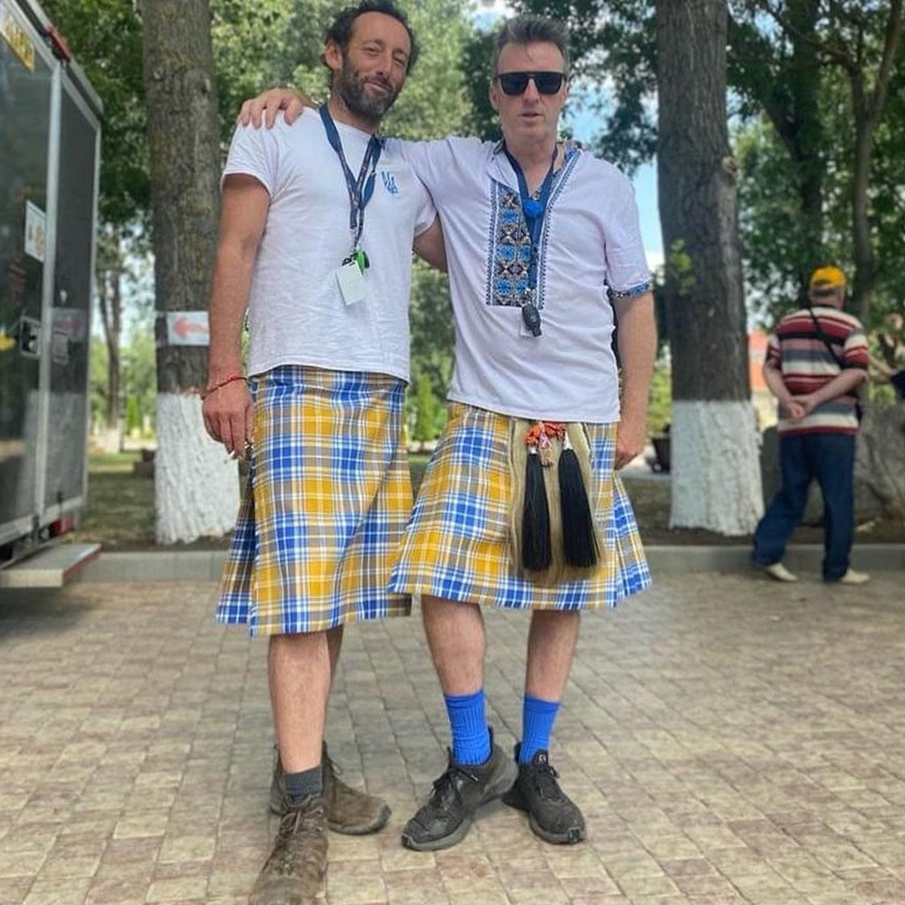 2 handsome blokes wearing kilts in Spirit of Ukraine tartan (licensed design) in Kiev