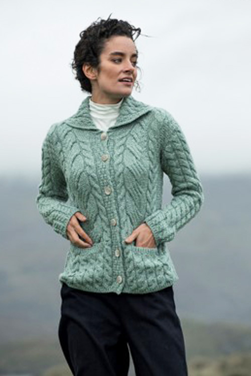  Ladies Aran Button Cardigan, Cable Knit, SuperSoft Merino