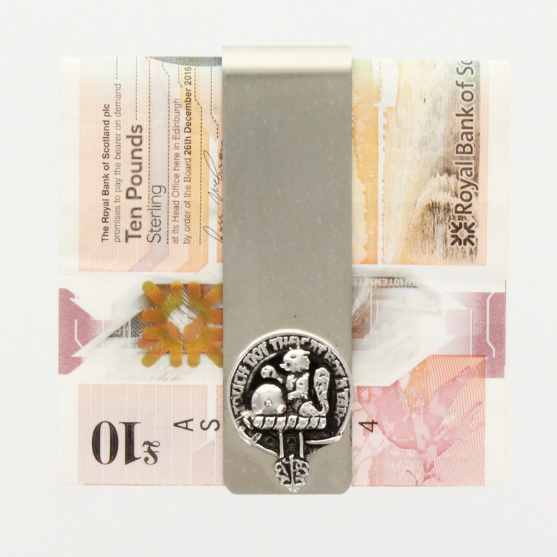 MacBean/McBain Clan Crest Money Clip- with some real Scottish notes for illustrative purposes only